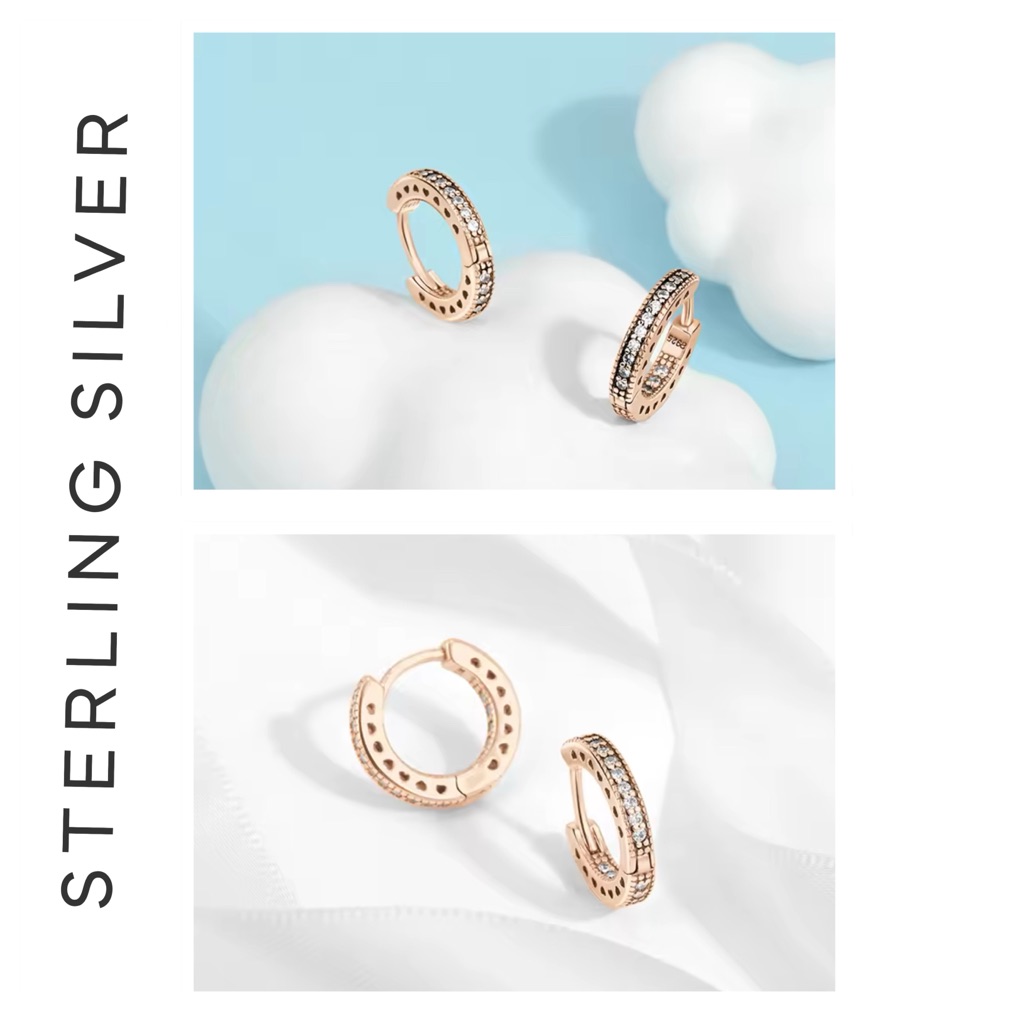 14k Rose Gold Plated Sterling Silver Paved Heart Hoop Earrings 40$